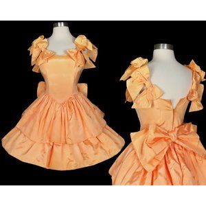 Vintage 80s Peach Orange Bows Tiered Full Skirt Prom Cocktail Party Dress XXS XS